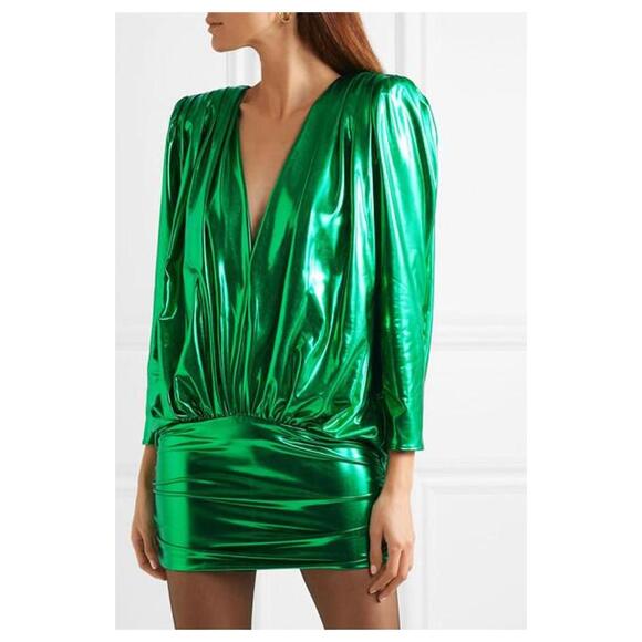 The attico Join Us Upstairs V-Neck Mini Dress metallic Green Women's 38 / US 0 - Picture 1 of 5